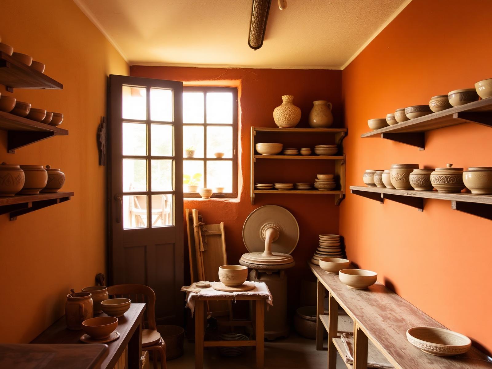 Interior cálido del taller con estanterías llenas de cerámica artesanal